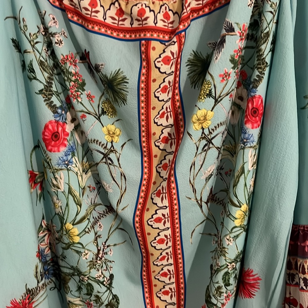 Umgee Light Blue Floral Off-Shoulder Blouse with Tassel Tie - Picture 4 of 13